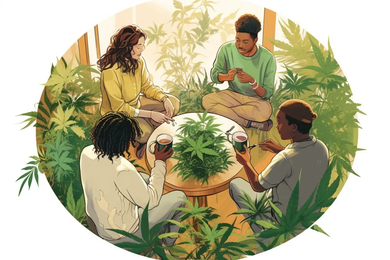 Mitglieder des Cannabis Social Club in Kiel bilden einen Kreis um Marihuanablätter Ein Cannabis Social Club in Kiel hat einen Kreis aus Marihuanablättern als Symbol, der die Gemeinschaft der Raucher repräsentiert.