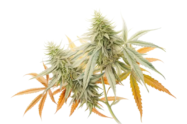 Eine Pflanze namens Cannabis hat eine Blüte und Blätter, die sichtbar sind. Eine farbige Cannabispflanze mit Blüten ist zu erkennen.