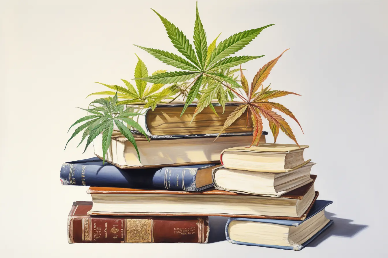 Eine sanfte Farbpalette für Cannabisblätter und Bücher Grüne Blätter einer Pflanze namens Cannabis sind auf einem Stapel von Büchern platziert, die übereinander liegen.
