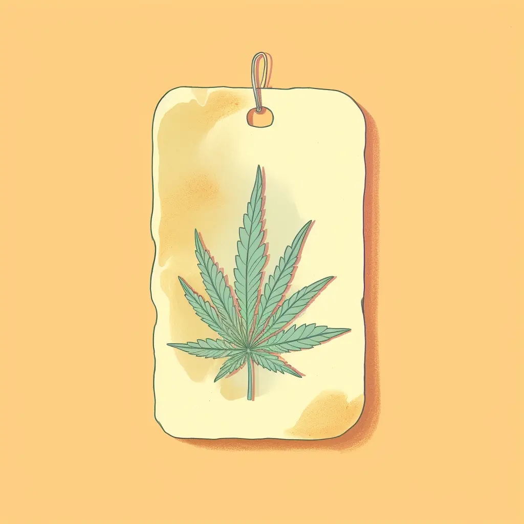 Neben einem Cannabisblatt in zarten Farbtönen befindet sich ein Etikett mit dem Preis Ein elegantes Preisetikett in Pastellfarben ziert ein Cannabisblatt für den gemütlichen Cannabis-Social-Club in Kiel.
