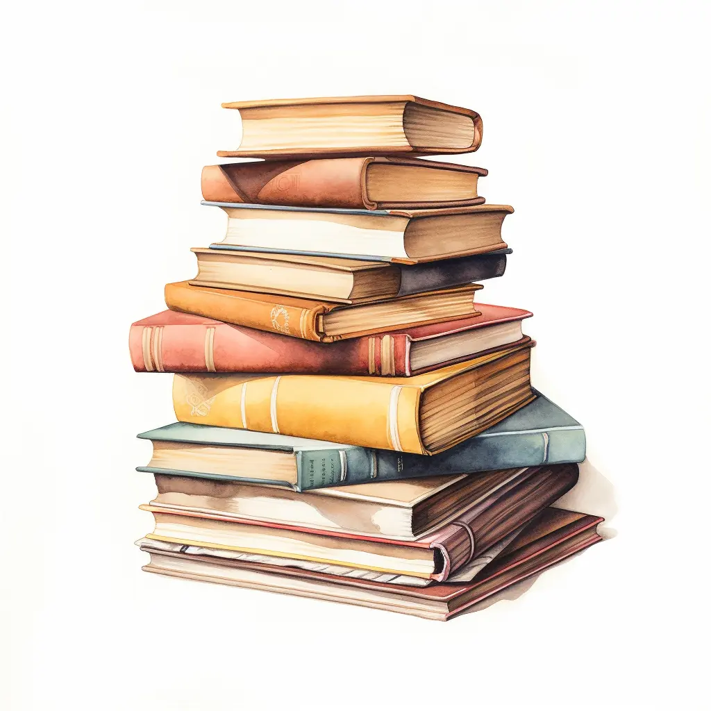 Eine Zeichnung, die halb realistisch und halb fantasievoll ist, stellt einen Berg von Büchern in hellen Farben dar. Eine Zeichnung, die halb realistisch und halb fantasievoll ist, stellt einen Berg von Büchern in hellen Farben dar.