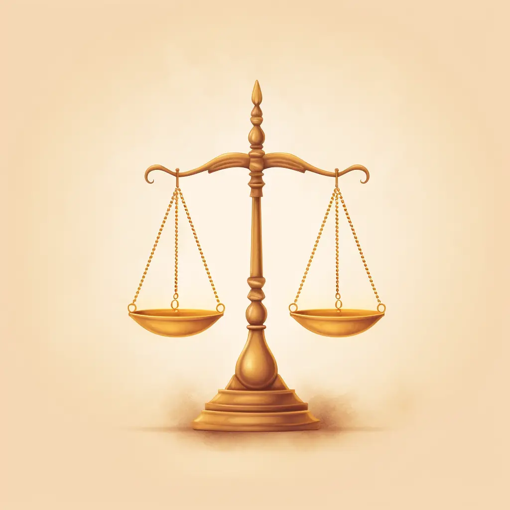 Ein Zeichen für Recht, das eine Waage in sanften Farben darstellt. Ein beiger Hintergrund bildet den Kontrast zu einer Waage der Gerechtigkeit in Gold.